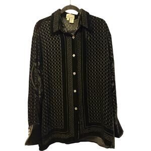Vintage Carucci Geometric Burnout Button Shirt Top Black Silk Long Sleeve Sz L